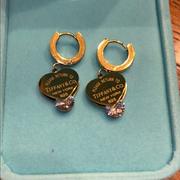 Tiffany & Co. Jewelry - Tiffany & Co. Gold Heart Tag Hoop Earrings with Clear Crystal